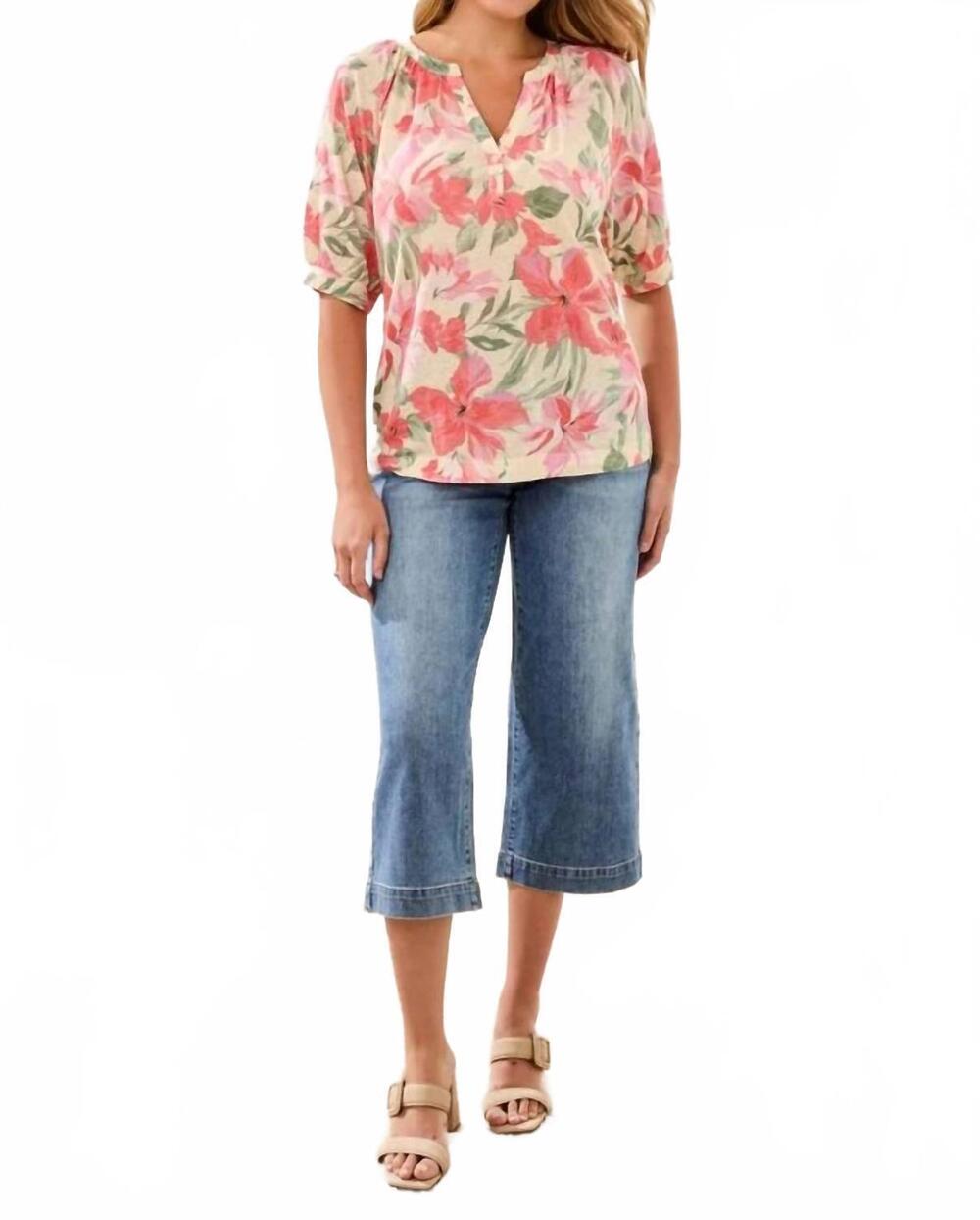 NEW TRIBAL printed linen elbow sleeve henley blouse in canvas